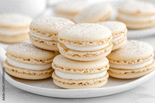 A plate of delicate white macarons with cream filling.