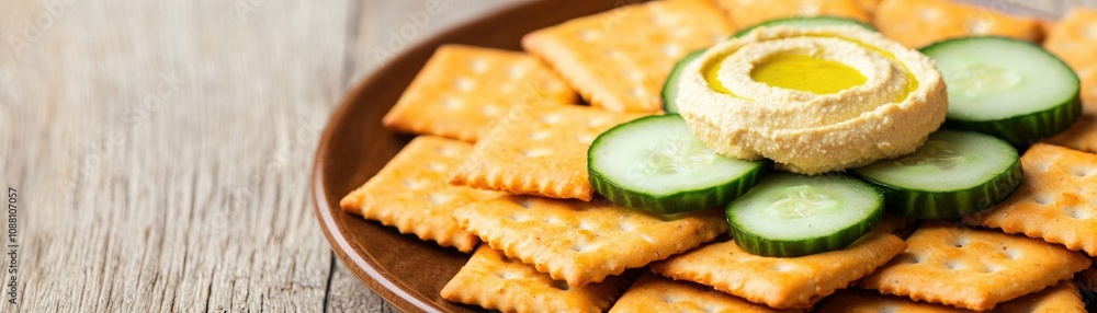 A plate of crunchy crackers surrounded by cucumber slices, with a swirl of hummus in the center, creating a colorful and appealing snack presentation. A plate of crunchy crackers surrounded by cucumber slices, with a swirl of hummus in the center, creating a colorful and appealing snack presentation.