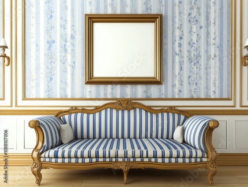 Elegant Blue Striped Sofa with Gold Frame and Wallpaper