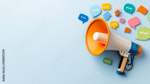 Vibrant and bold megaphone icon with colorful speech bubbles against a clean background representing the concepts of social media digital marketing advertising and effective communication