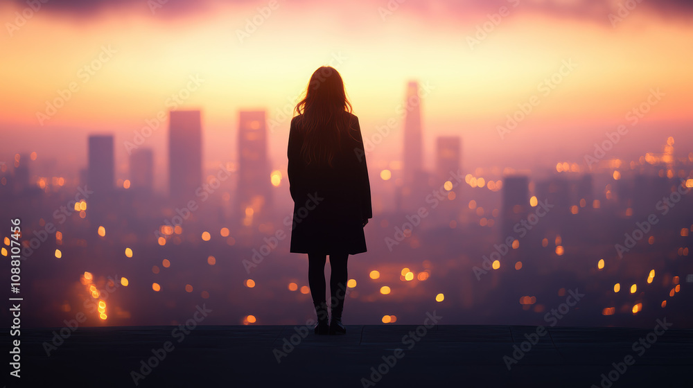 silhouette of woman standing against vibrant sunset over city skyline, creating serene and contemplative atmosphere silhouette of woman standing against vibrant sunset over city skyline, creating serene and contemplative atmosphere