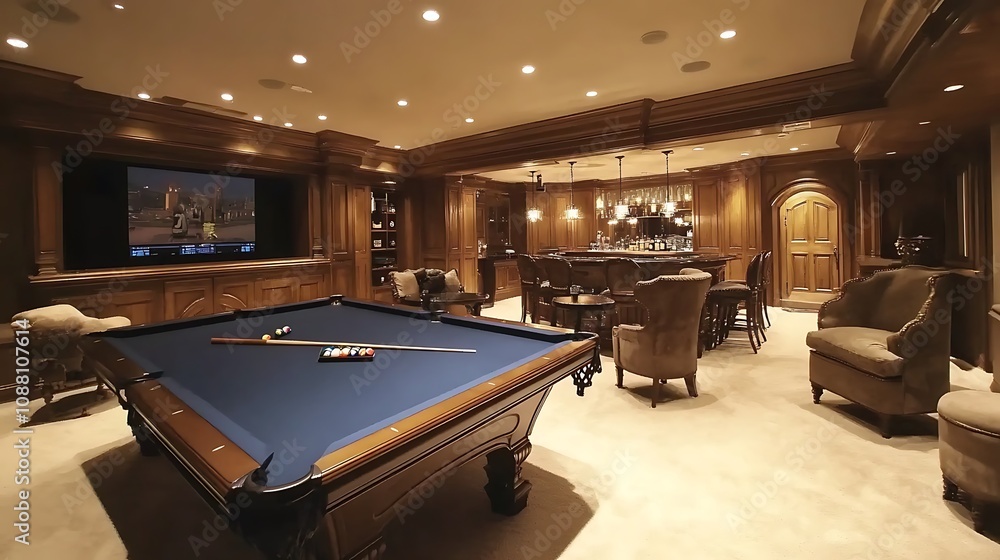 Luxurious game room with pool table, bar, and home theater. Luxurious game room with pool table, bar, and home theater.