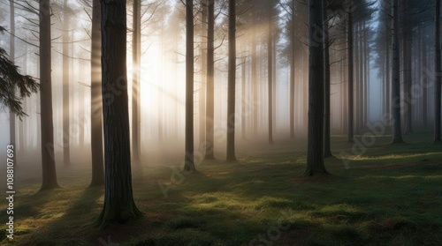 Panorama of Natural Beech Forest with Sunbeams through Morning Fog - generative ai