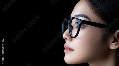 Visionary Gaze: A young woman with sleek black glasses, her profile illuminated against a dramatic black backdrop, embodies intelligence, focus, and a forward-thinking spirit. 