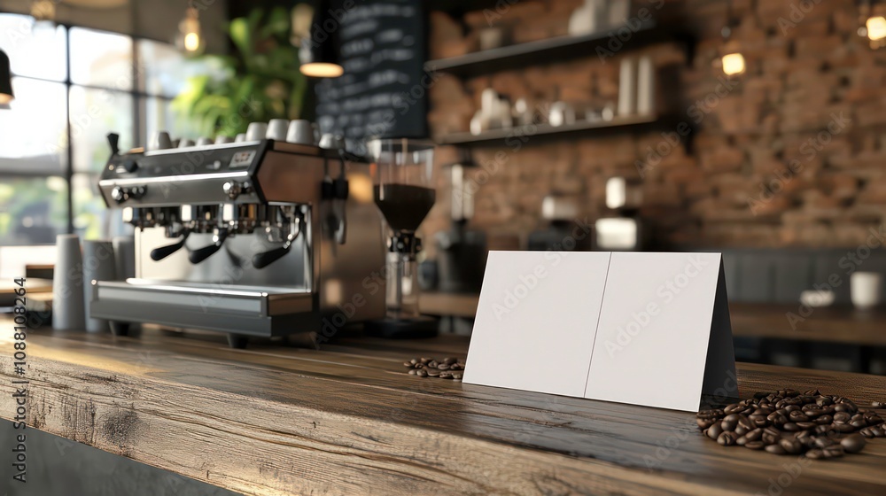 A blank menu card sits on a wooden counter in a cafe, next to a coffee machine and scattered coffee beans. A blank menu card sits on a wooden counter in a cafe, next to a coffee machine and scattered coffee beans.