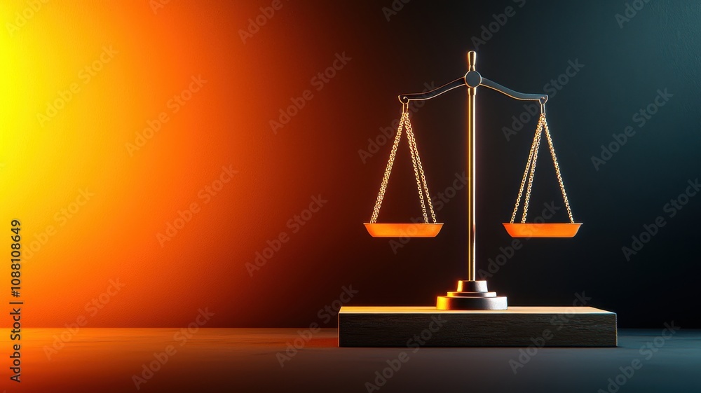 A golden scale of justice is depicted against a gradient background of orange and blue, symbolizing balance and fairness in the legal system. A golden scale of justice is depicted against a gradient background of orange and blue, symbolizing balance and fairness in the legal system.