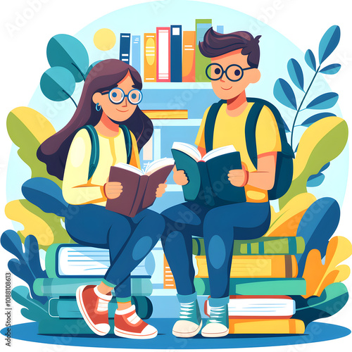 study concept, education concept, back to school, read a book, learn, knowledge, studying, library, flat illustration vector with white shades, png photo