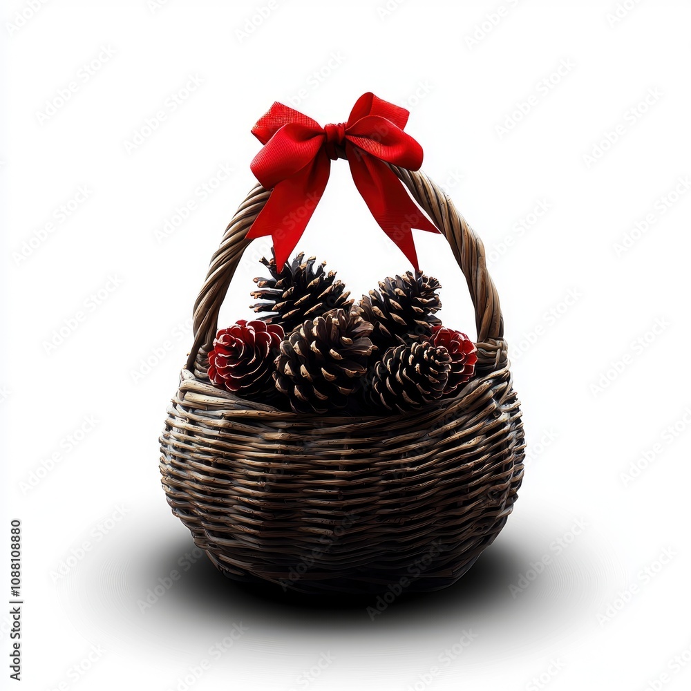 Rustic Wicker Basket with Pine Cones and Red Bow - Christmas Decoration Rustic Wicker Basket with Pine Cones and Red Bow - Christmas Decoration
