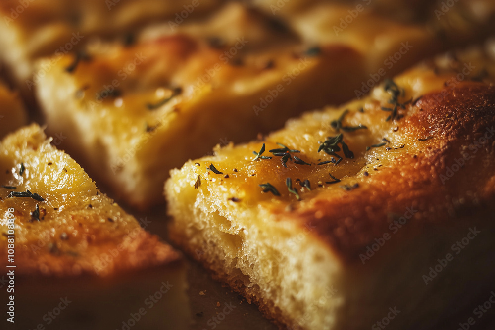 close-up of sliced focaccia with herbs emphasizing the crispy crust and fluffy interior close-up of sliced focaccia with herbs emphasizing the crispy crust and fluffy interior