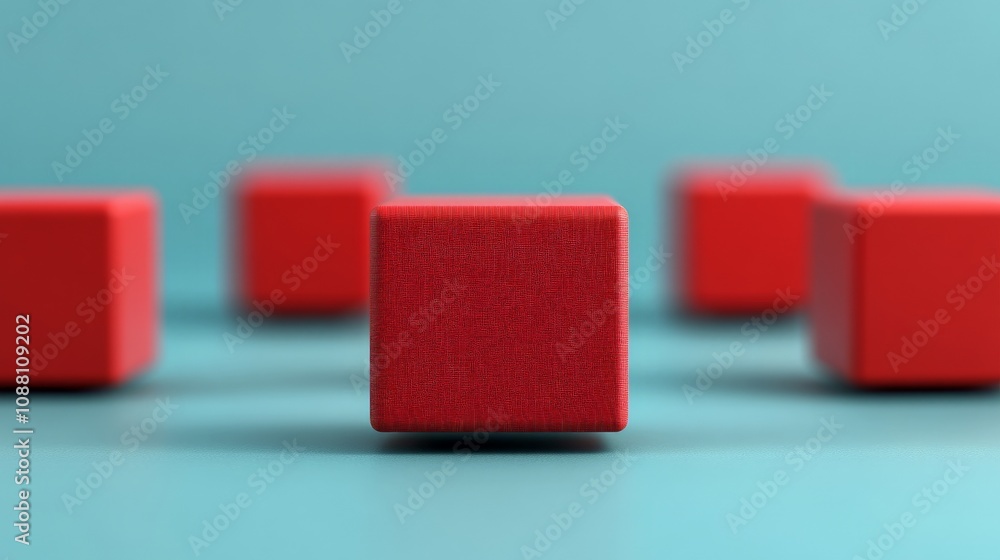 Red Cubes on Blue Background: A minimalist composition of red cubes arranged on a blue background, showcasing a focus on the central cube in a shallow depth of field. Red Cubes on Blue Background: A minimalist composition of red cubes arranged on a blue background, showcasing a focus on the central cube in a shallow depth of field.