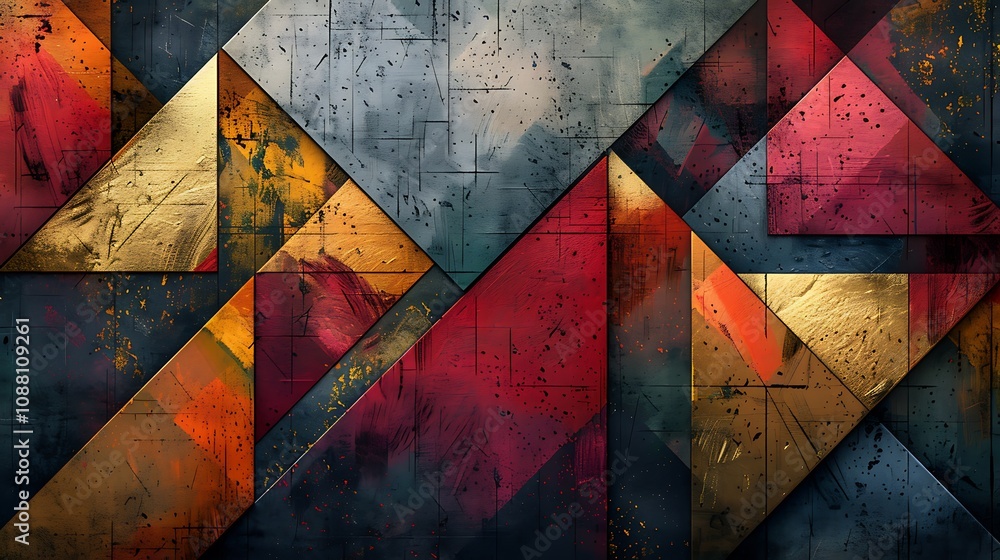 Naklejka premium A contemporary geometric pattern with angular shapes in jewel tones and metallic accents. 