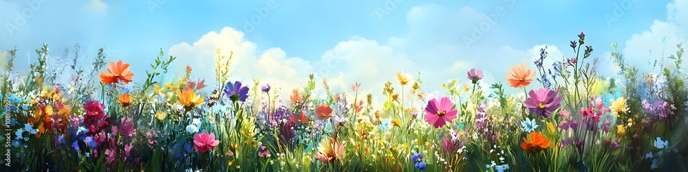 Delight in the beauty of a meadow filled with colorful flowers. The vibrant blooms, blue sky, and lush greenery create a serene and picturesque scene Delight in the beauty of a meadow filled with colorful flowers. The vibrant blooms, blue sky, and lush greenery create a serene and picturesque scene