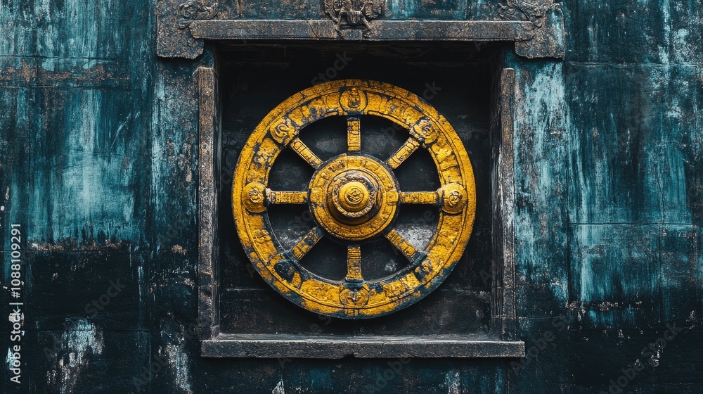 Rustic Yellow Wheel Design on Blue Background, Ancient Symbol of Culture Embellished with Textures and Weathered Paint, Captivating Historical Detail for Artistry and Inspiration Rustic Yellow Wheel Design on Blue Background, Ancient Symbol of Culture Embellished with Textures and Weathered Paint, Captivating Historical Detail for Artistry and Inspiration
