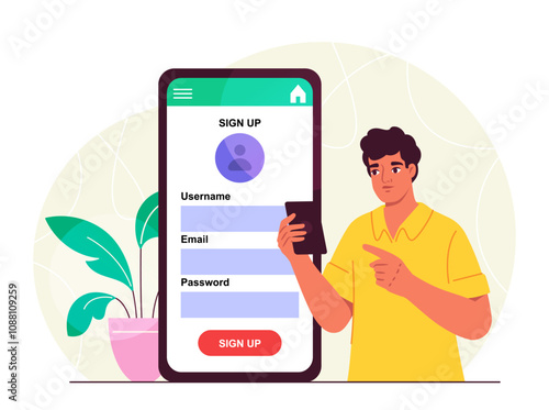 Man with website registration. Young guy with smartphone enters login and password. Security in social networks and messengers. Flat vector illustration