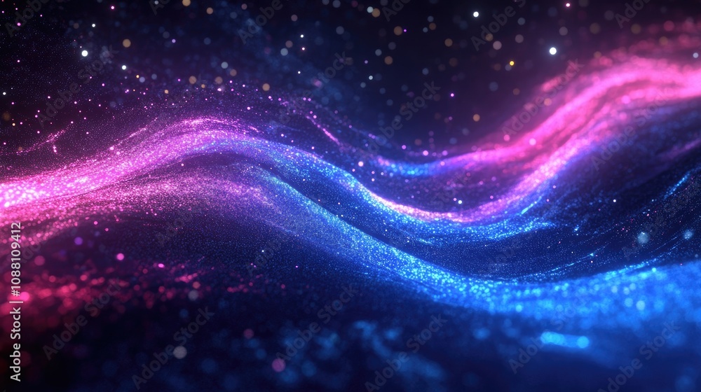 Fototapeta premium Vibrant Flowing Waves of Pink and Blue Light Creating a Mystical Atmosphere with Sparkling Particles in a Dark Background for Creative Projects