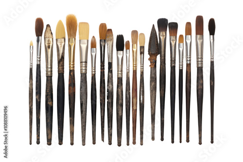 An overhead shot of a variety of artist's paintbrushes with metal ferrules and different bristle textures, set against a plain white background photo