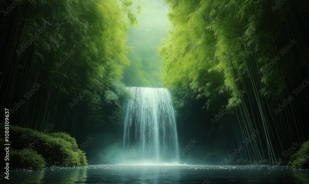 Silent Sanctuary: Lime Cascade Slicing Through a Bamboo Forest Silent Sanctuary: Lime Cascade Slicing Through a Bamboo Forest