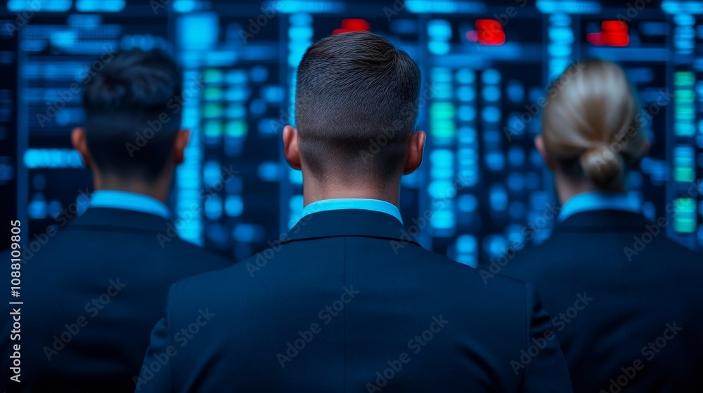 Data Driven Decisions: A team of professionals in suits analyze data on a large screen, their focus and determination reflected in their posture. Data Driven Decisions: A team of professionals in suits analyze data on a large screen, their focus and determination reflected in their posture.