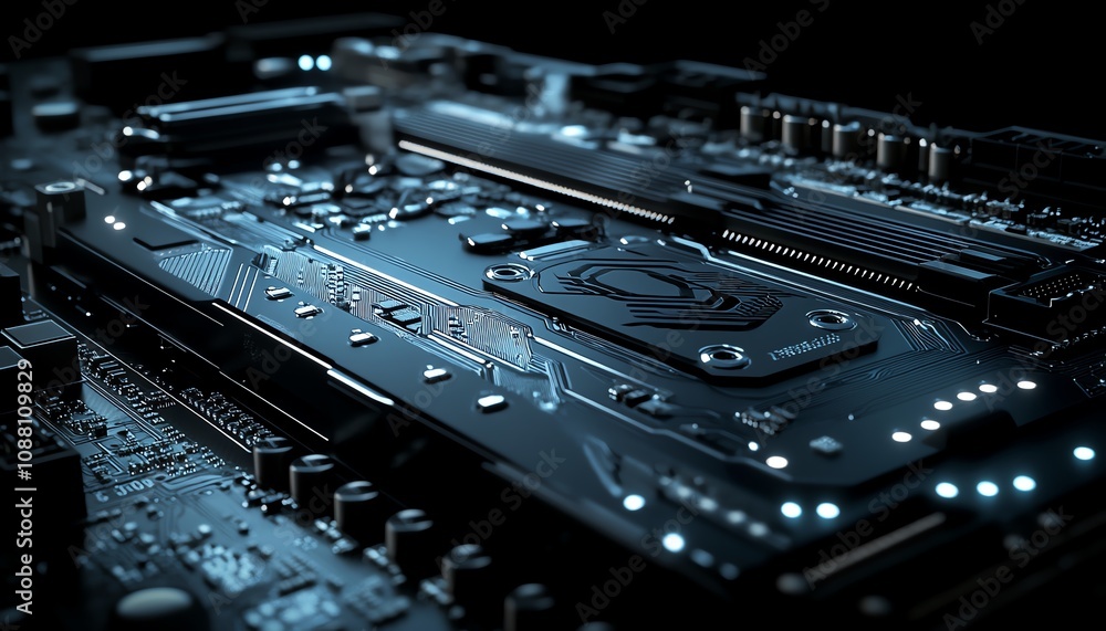 Vivid 3D rendering of a sleek, futuristic motherboard, featuring interconnected circuits and LED highlights, symbolizing the future of digital communication Vivid 3D rendering of a sleek, futuristic motherboard, featuring interconnected circuits and LED highlights, symbolizing the future of digital communication