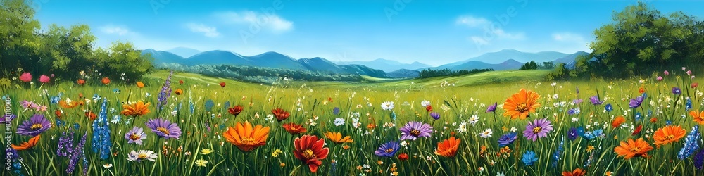 Fototapeta premium Delight in the beauty of a meadow filled with colorful flowers. The vibrant blooms, blue sky, and lush greenery create a serene and picturesque scene