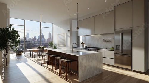 Sunlit modern kitchen with city view, large island, and hardwood floors. photo