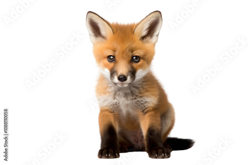 A young fox cub sitting and looking directly at the camera isolated on white background