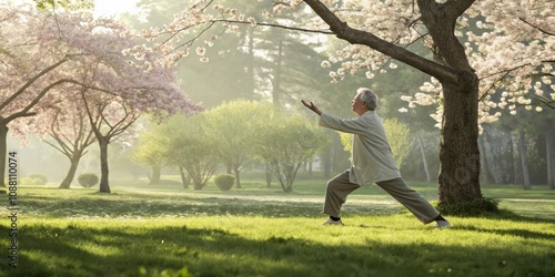 Senior man is practicing tai chi chuan in a peaceful park at sunrise, surrounded by blooming cherry trees, promoting a healthy and serene lifestyle photo