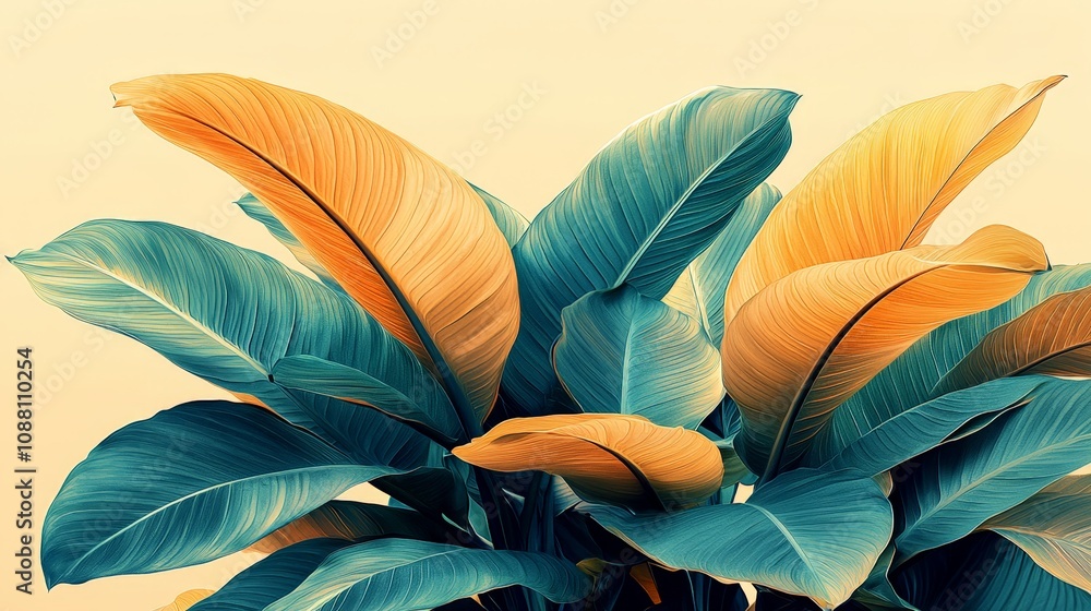 custom made wallpaper toronto digitalVibrant tropical leaves with a blend of teal and orange hues against a soft background.