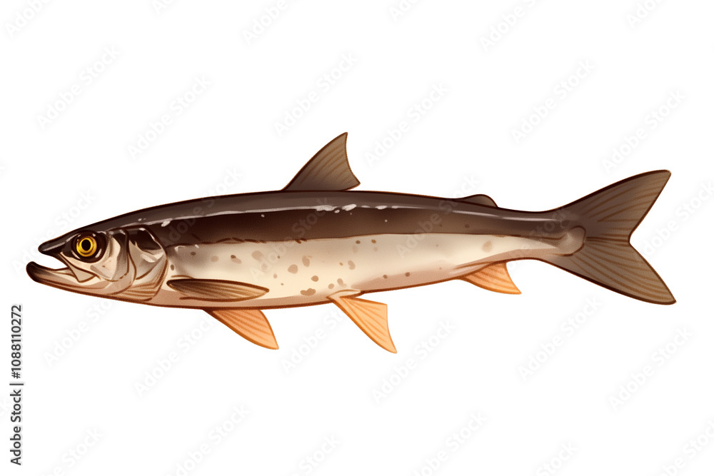 Fototapeta premium whiting fish is isolated on white background, showcasing its sleek body and distinct fins. fish scales glisten, highlighting its natural beauty and aquatic elegance