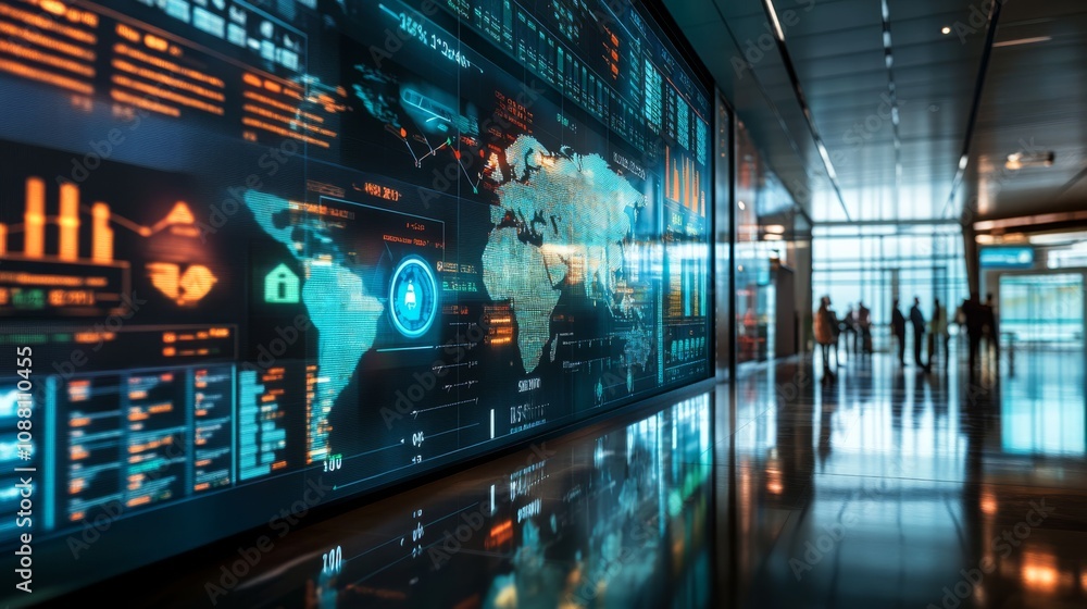 A modern digital display features a world map with data visualizations, illuminated in a sleek, futuristic environment. A modern digital display features a world map with data visualizations, illuminated in a sleek, futuristic environment.