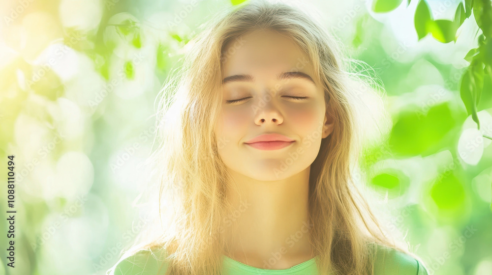 Young woman with closed eyes, enjoying nature tranquility in lush green setting, radiating peace and serenity Young woman with closed eyes, enjoying nature tranquility in lush green setting, radiating peace and serenity