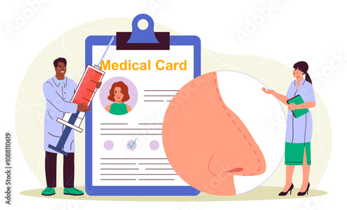 Doctors with rhinoplasty. Man and woman in medical uniform with syringe perform plastic surgery. Team of plastic surgeons reshape nose. Flat vector illustration