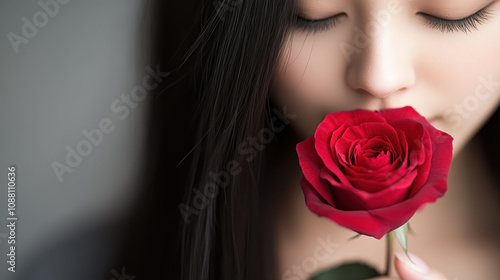 woman with long black hair gently holds red rose close to her face, expressing serene moment of beauty and tranquility