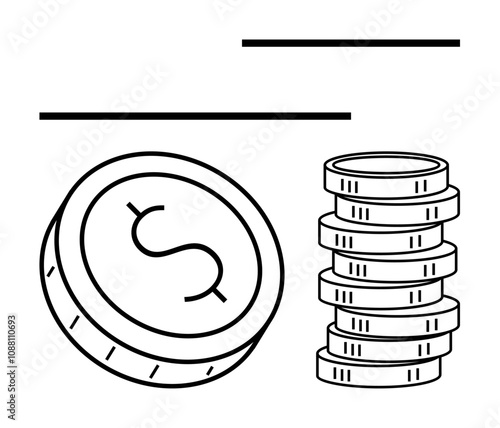 Single coin with dollar sign next to a stack of coins, with horizontal lines above. Ideal for financial growth, savings, investment, banking, accounting, business strategy wealth management. Line