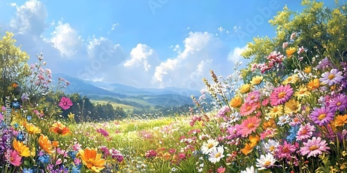 Delight in the beauty of a meadow filled with colorful flowers. The vibrant blooms, blue sky, and lush greenery create a serene and picturesque scene