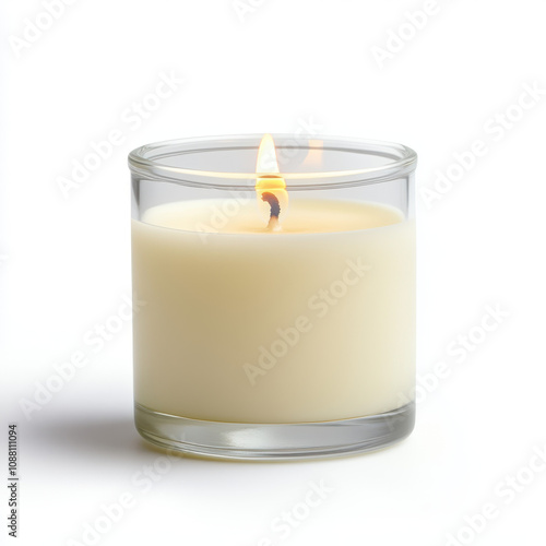 glowing candle in clear glass holder, radiating warmth and tranquility. Perfect for creating cozy atmosphere in any space