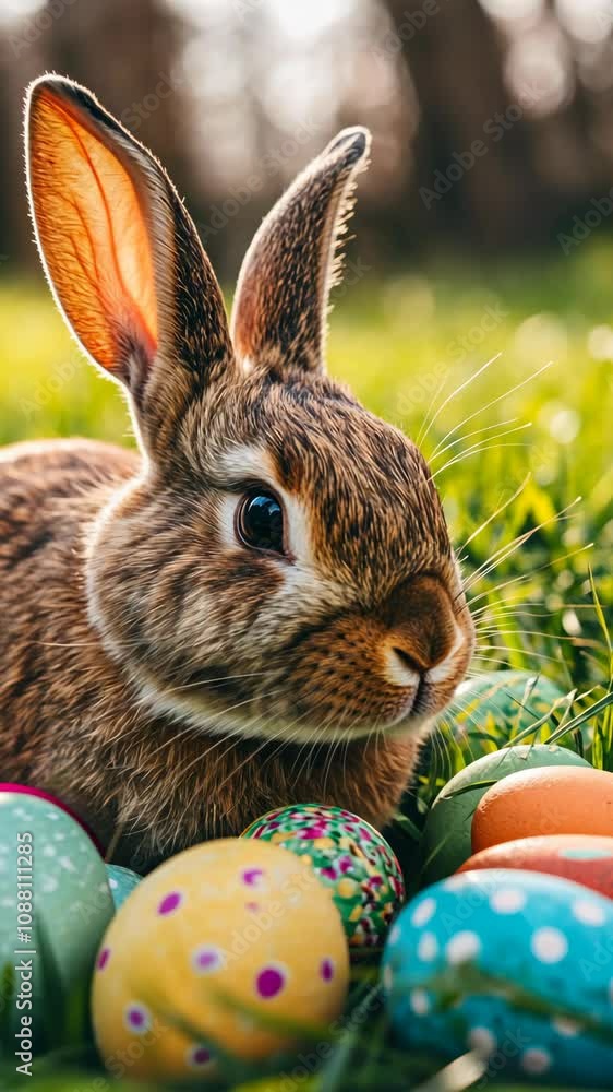 A close-up view shows a brown rabbit nestled in green grass A close-up view shows a brown rabbit nestled in green grass