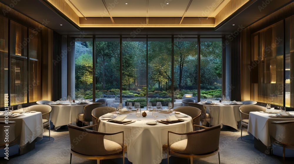 Modern restaurant interior with large windows overlooking a lush green garden. Modern restaurant interior with large windows overlooking a lush green garden.