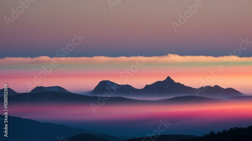 Mountain range with visible silhouettes through the morning colorful fog - generative ai