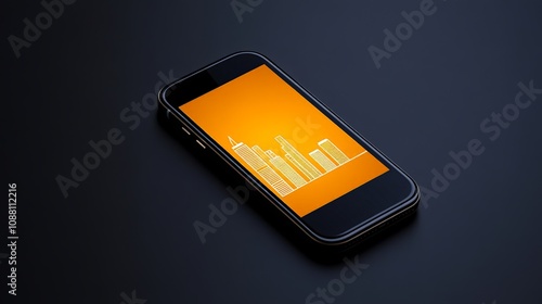 Mobile Cityscape: A sleek smartphone displays an upward trending graph of city buildings, symbolizing growth and progress in urban development or business. 