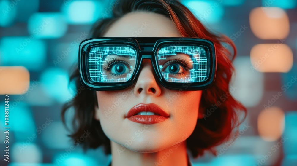 Cyberpunk Visionary: A captivating portrait of a young woman, her gaze intense through futuristic, oversized glasses, set against a vibrant, neon-lit backdrop. Cyberpunk Visionary: A captivating portrait of a young woman, her gaze intense through futuristic, oversized glasses, set against a vibrant, neon-lit backdrop.