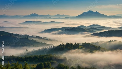 Amazing nature scenery, mountains under morning mist - generative ai