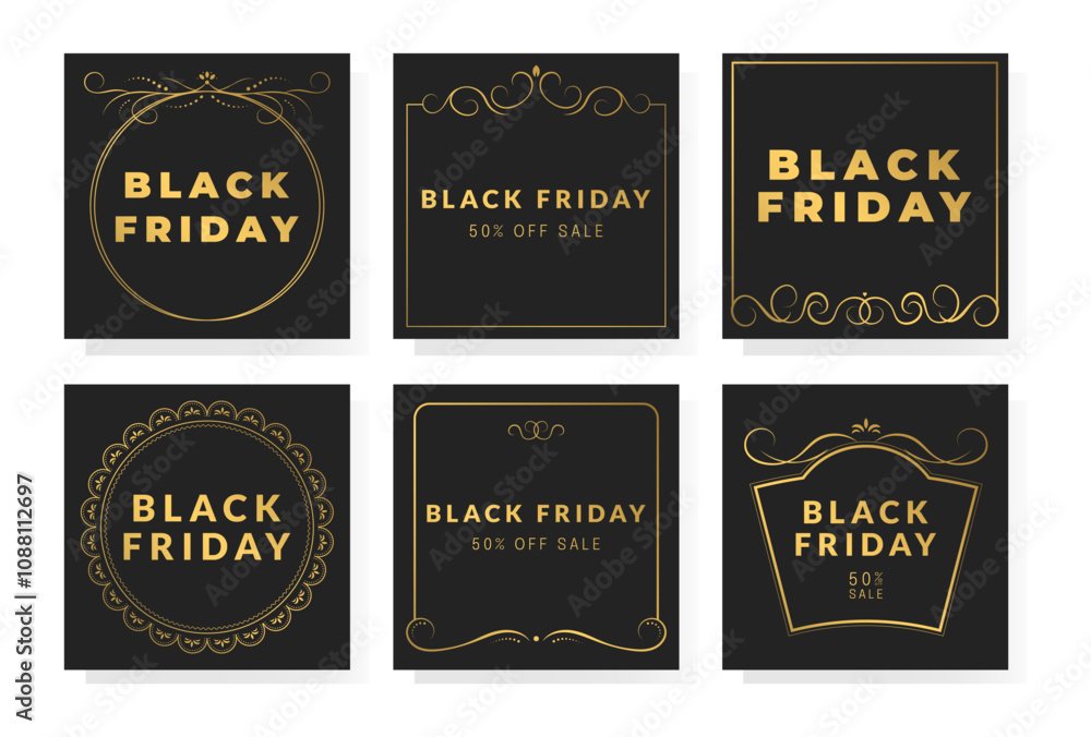 Fototapeta premium Black Friday, 50 off sale card set with gold vintage ornament frame and typography on black background. Creative concept for card, banner, poster. Vector collection