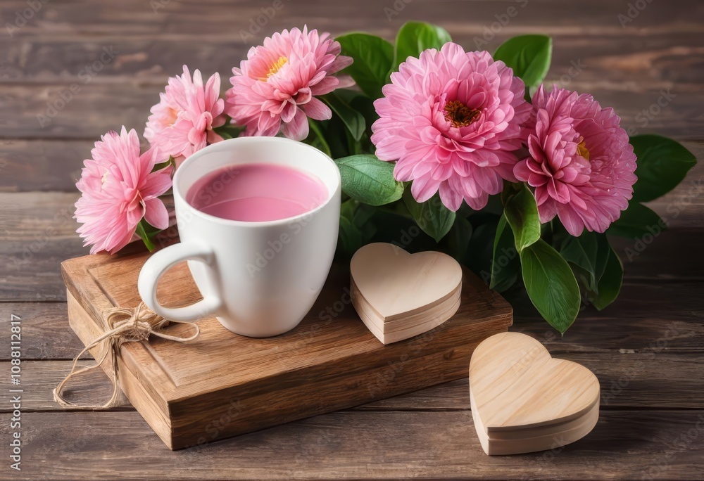 A wooden board with a cup filled with pink flowers, a wooden heart, and a gift box A wooden board with a cup filled with pink flowers, a wooden heart, and a gift box
