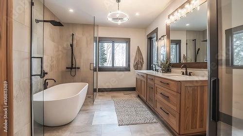  Modern spa-like bathroom with freestanding tub, double vanity, and glass shower.