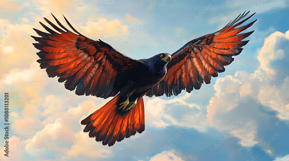 Fototapeta premium Majestic hawk soaring through vibrant sunset clouds.