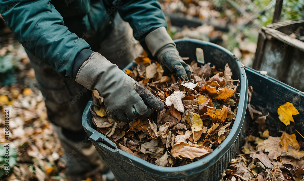 Environmentalist Collecting Leaves for Composting in Nature Environmentalist Collecting Leaves for Composting in Nature