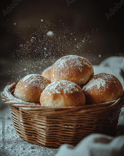 golden bread rolls under a sprinkle of flour in a woven basket, capturing a moment photo