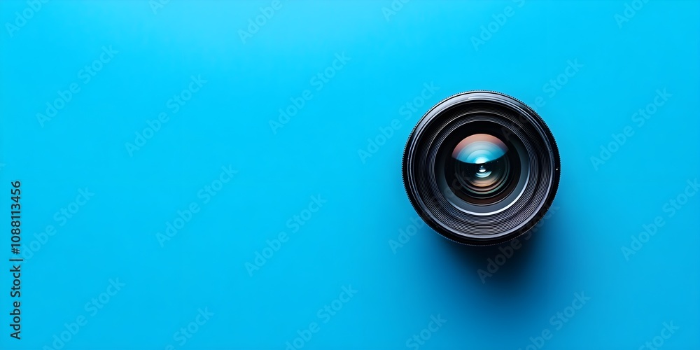 Repair and clean camera lens on blue background with text space Top view Repair and clean camera lens on blue background with text space Top view