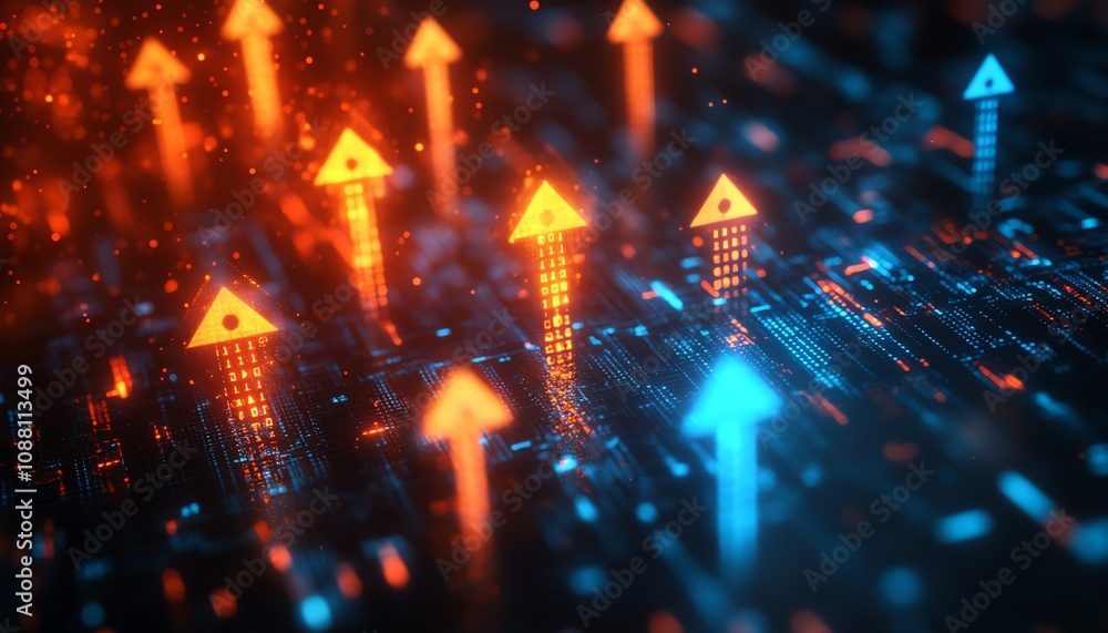 Upwardpointing arrows in orange and blue, set against an abstract background, symbolizing business growth and a positive trend, generative AI concept Upwardpointing arrows in orange and blue, set against an abstract background, symbolizing business growth and a positive trend, generative AI concept